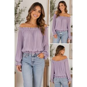 Mod On Trend Lavender Pleated Off Shoulder Blouse Size Medium Boho Romantic Top